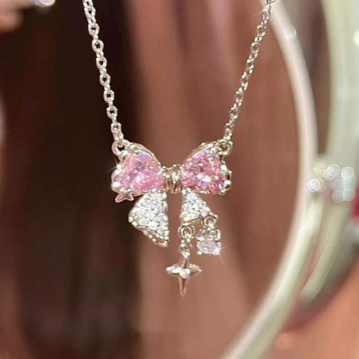 Blinky Pink Bow Silver - Necklace